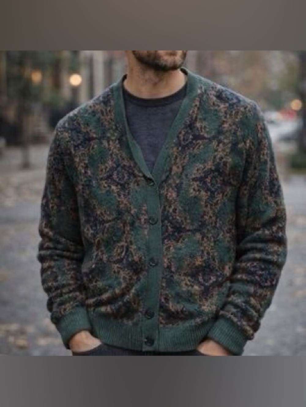 Abercrombie & fitch Men's Green Patterned Button-Front Cardigan Sweater